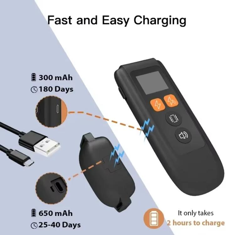 Black dog training collar remote with charging connector and battery icons.