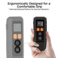 Handheld dog training collar remote with large buttons and dark screen display.