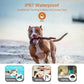 Dog training collar receiver on a dog outdoors with waterproof rating shown by droplet icon.