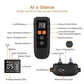 Dog training collar remote diagram highlighting buttons, charging port, and contact points.