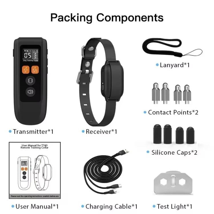 Dog training collar kit components: transmitter, receiver, lanyard, contact points, caps, cable.