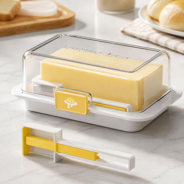Butter keeper with lid and cutter, clear top, white base, yellow handle