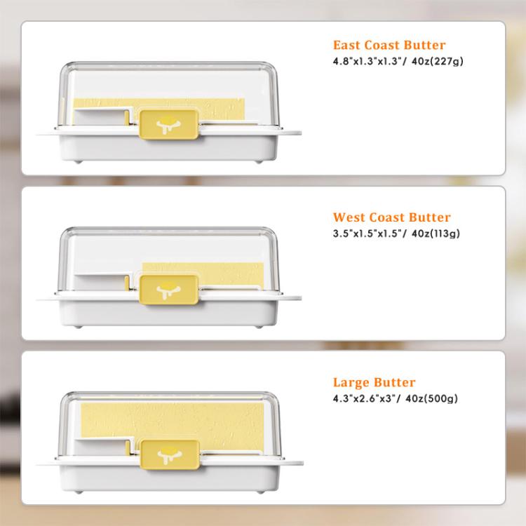 Butter keeper size guide, three clear-lidded containers with yellow cutter tab