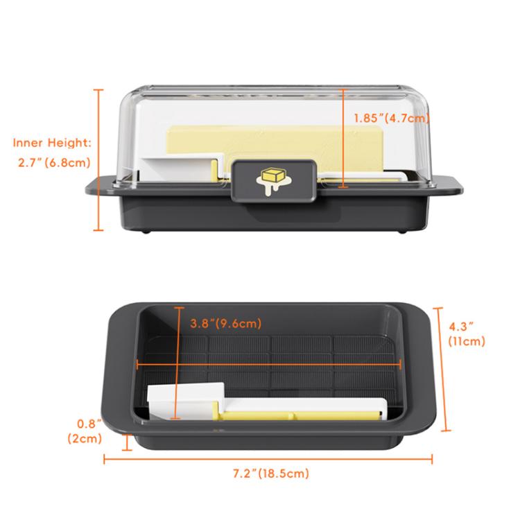 Butter keeper dimension diagram with lid, yellow cutter, dark base and inner tray