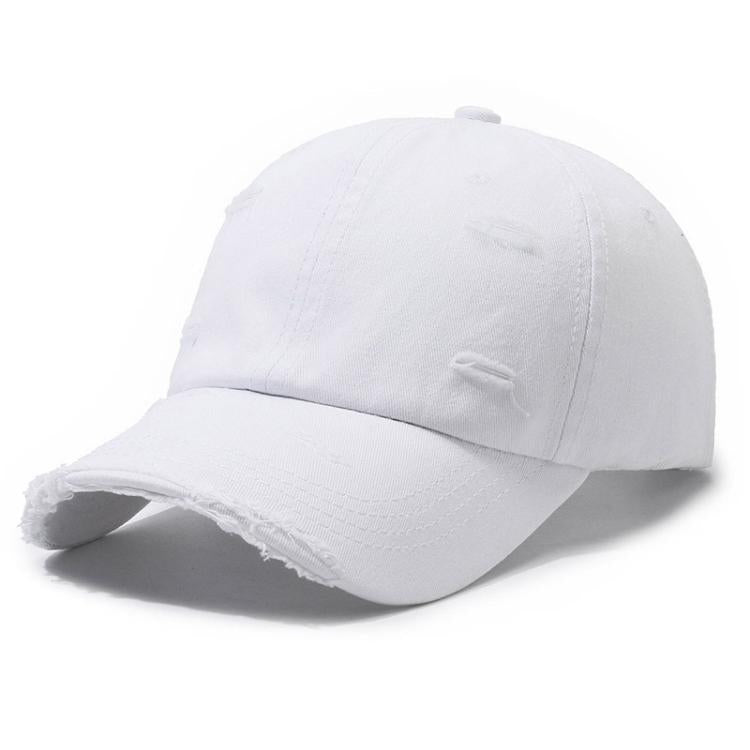 Distressed white ripped baseball cap with frayed brim and stitched front panel