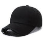 Distressed black ripped baseball cap with frayed brim and torn fabric details