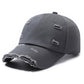 Distressed gray ripped baseball cap with frayed brim and ripped front fabric accents
