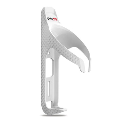 White bicycle water bottle cage holder with textured grip and open bottle slot