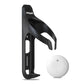 Black bicycle water bottle cage holder with white round tracker puck attached