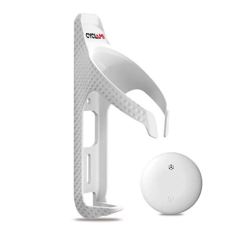 White bicycle water bottle cage holder with white round tracker puck attached