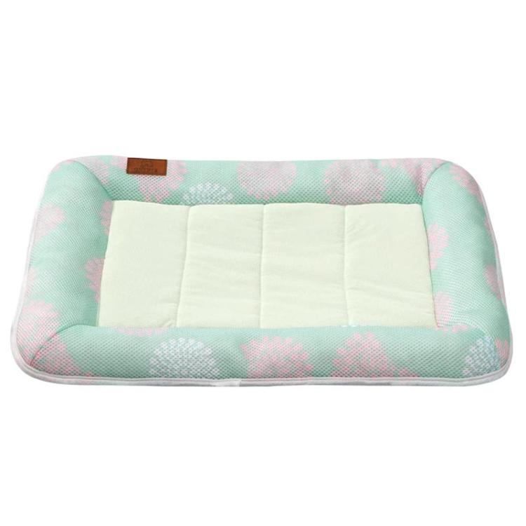Quilted dog cooling mat with backrest pillow, mint fabric sides and pale white insert