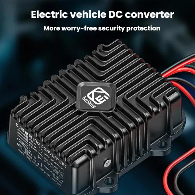 Close-up of 48V to 12V DC converter with cooling fins and brand logo