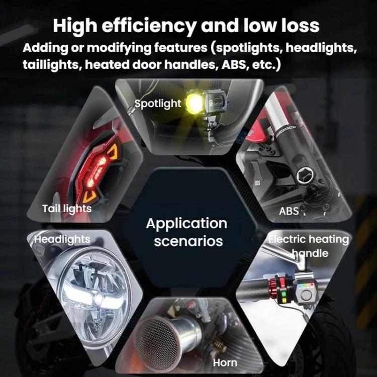 DC converter application diagram for headlights, tail lights, ABS, and horns