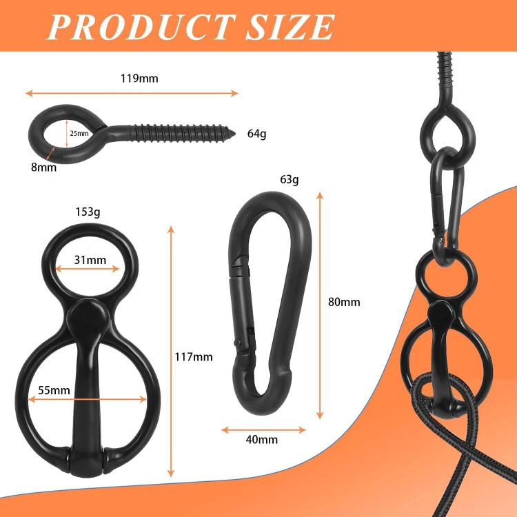 Rope buckle size chart showing black tether hook dimensions