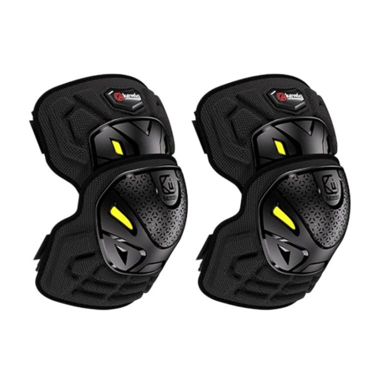 Black cycling elbow and knee pads set with yellow reflective inserts and quick-release clips