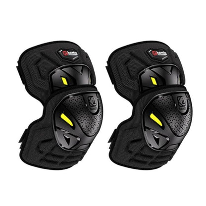 Black cycling elbow and knee pads set with yellow reflective inserts and quick-release clips