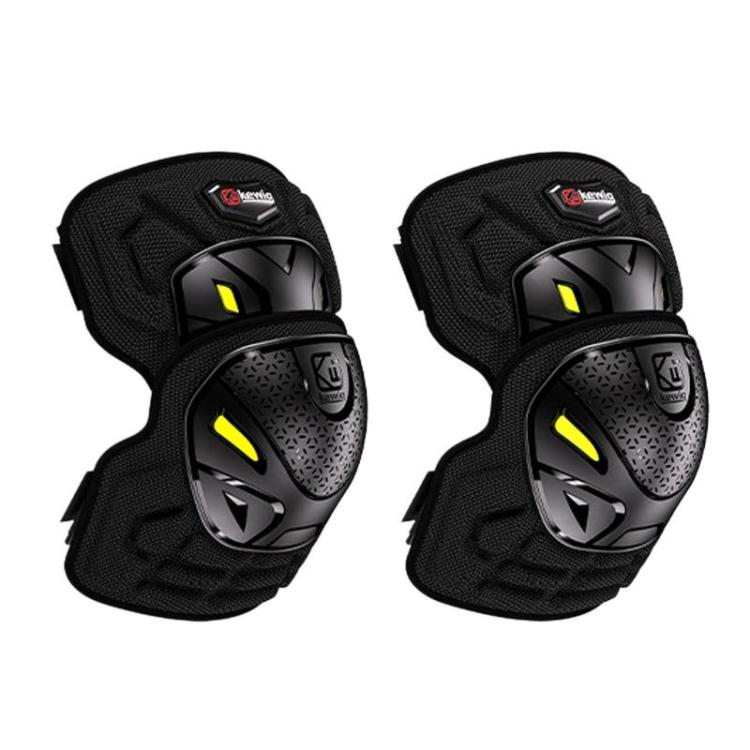 Pair of black motorcycle riding pads for elbow and knee with yellow reflective accents