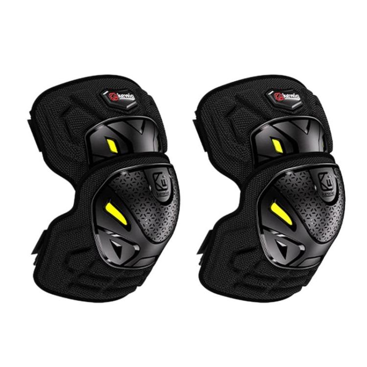 Black cycling elbow and knee guards with textured padding and yellow reflective inserts