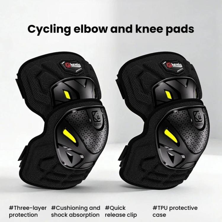 Set of two black elbow and knee pads with yellow reflective strips and protective shells