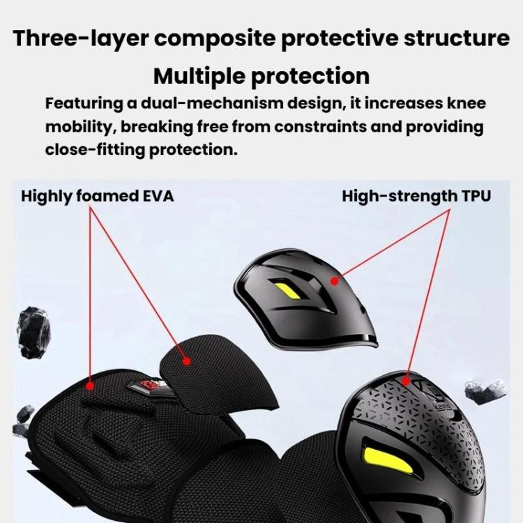 Black elbow and knee pads illustration showing TPU shell and layered protective padding