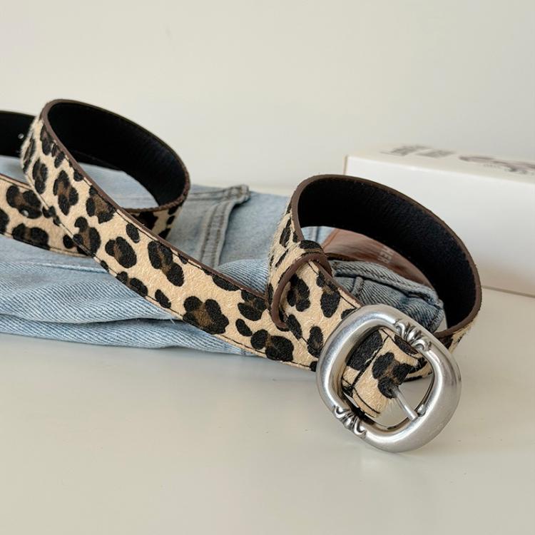 Leopard Print Mohair Leather Belt with Metal Buckle
