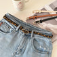 Women Dress-Embellished Denim PU Thin Belt, Leopard Print, White, Black, Light Tan