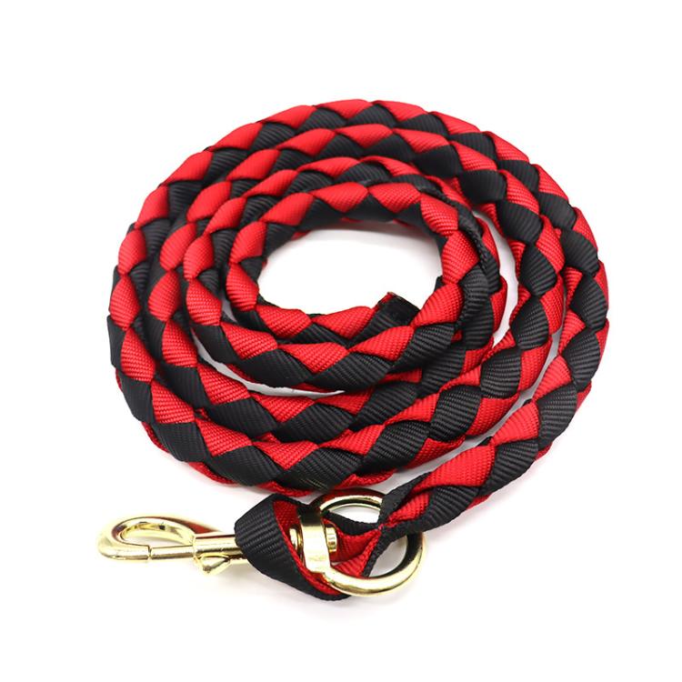 Braided woven lead rope reins with red and black rope and gold snap hook