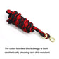 Braided red and black lead rope with gold clip and loop for tethering
