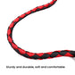 Braided red and black rope lead with thick woven texture and curved loop