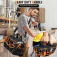 Black heavy-duty tool bag with orange accents, handles and shoulder strap, front organizer pockets