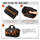 Black tool bag with orange trim, top opening with adjustable strap for secure closure