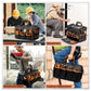 Black tool bag with orange trim, front pocket organizer and shoulder carry handle in use