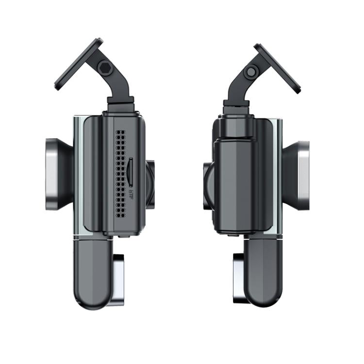 Dash cam side view with mounting arms and lens housings for multi-camera setup