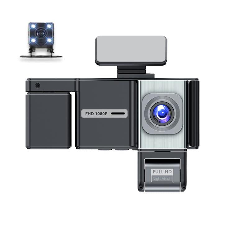 FHD 1080P dash cam with front and rear lens housings and blue night vision module