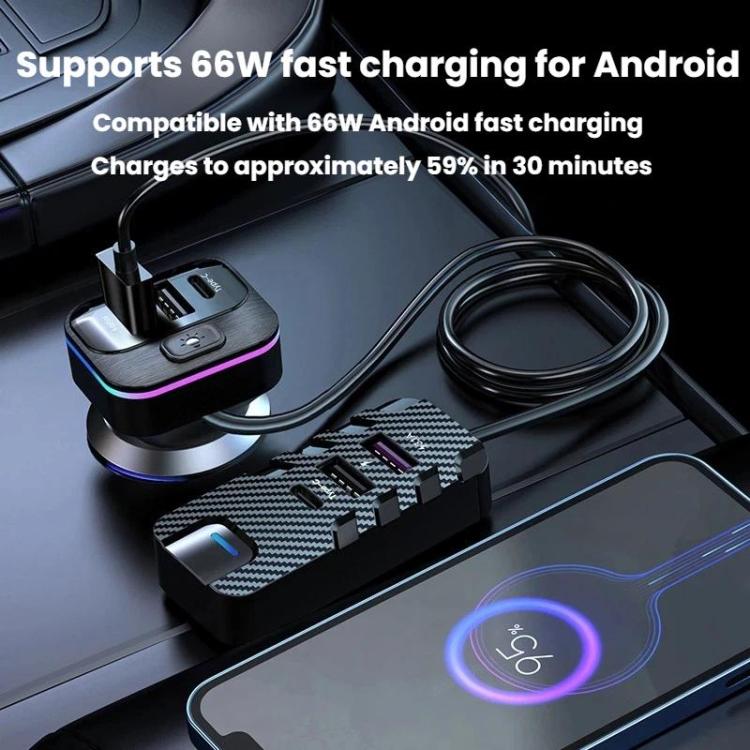 Multi-port car charger with attached cable, featuring multiple USB ports and LED glow