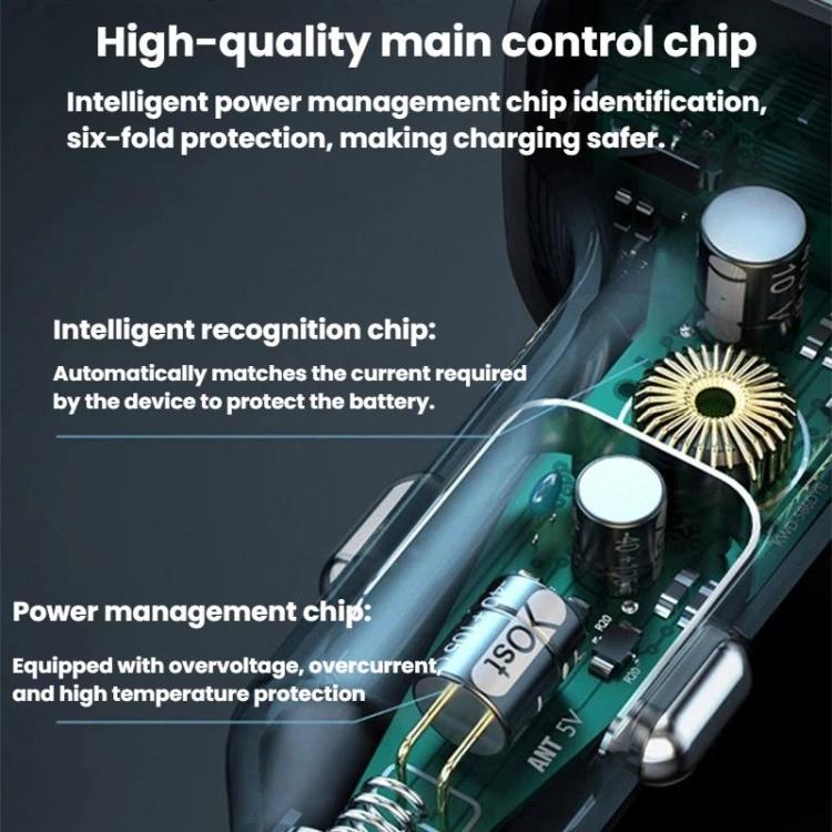 Car charger PCB close-up inside housing, showing electronic components and circuitry