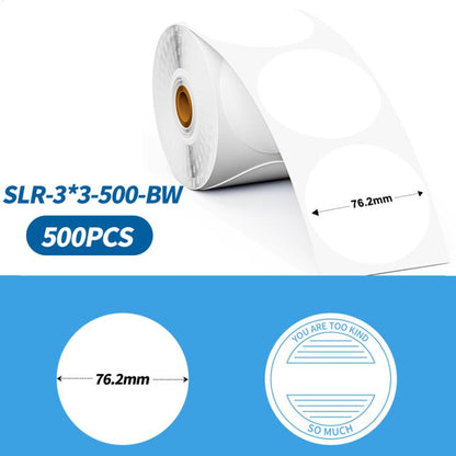 Thermal label roll with white base and blue text, round sample labels, 500 pcs.