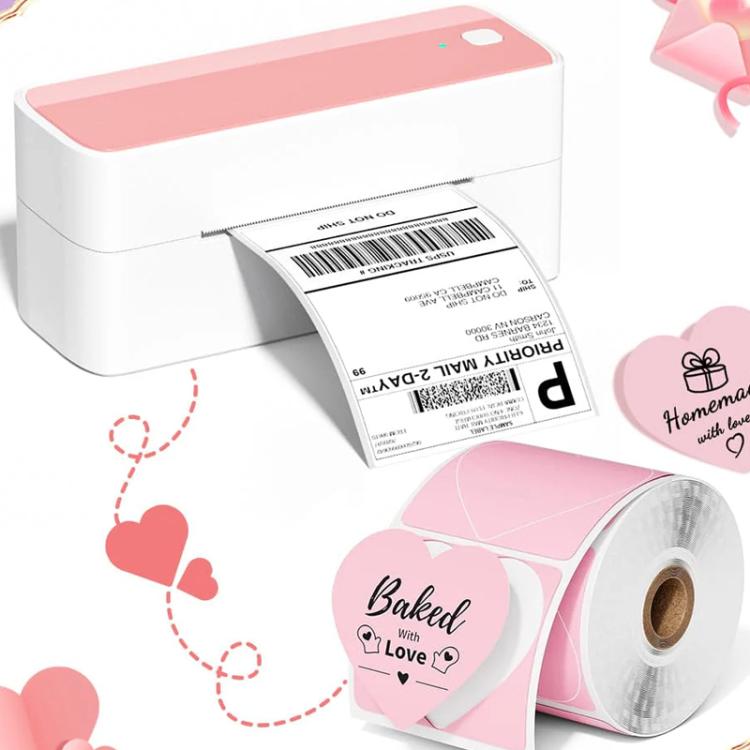 Thermal label roll with printed barcode and pink heart-style labels on roll.