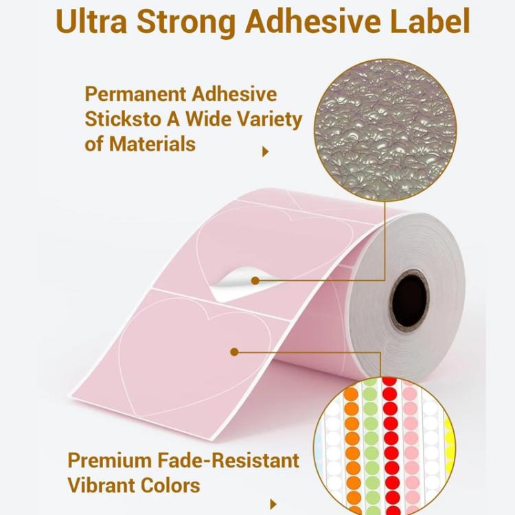 Pink thermal label roll with adhesive label sheets, close-up texture detail.