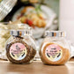 Round ingredient labels on clear spice jars, 'Homemade' style design.