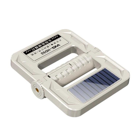 Foldable solar camping lantern, white body with open solar panel and central light pod