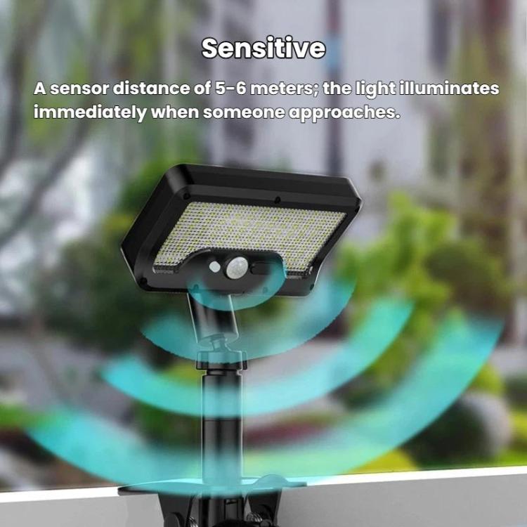 Black solar motion sensor clip light with illuminated LED panel and front motion sensor