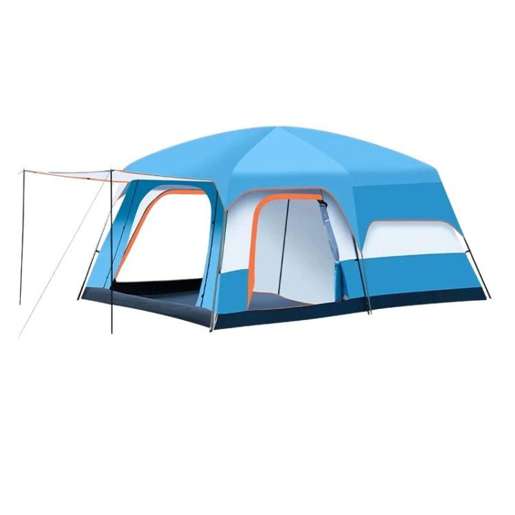 Blue and gray camping shelter tent with arched front entrances and side mesh panels