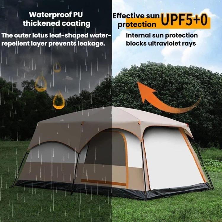 Khaki camping shelter tent with arched awning and mesh windows in rainy conditions