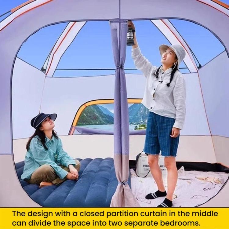 Camping tent interior with center divider curtain and large curved window panels
