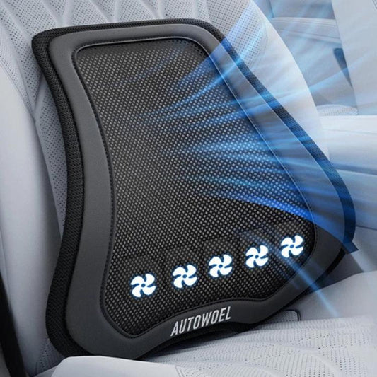 Ventilated car lumbar support cushion with airflow vents on dark grey mesh backing
