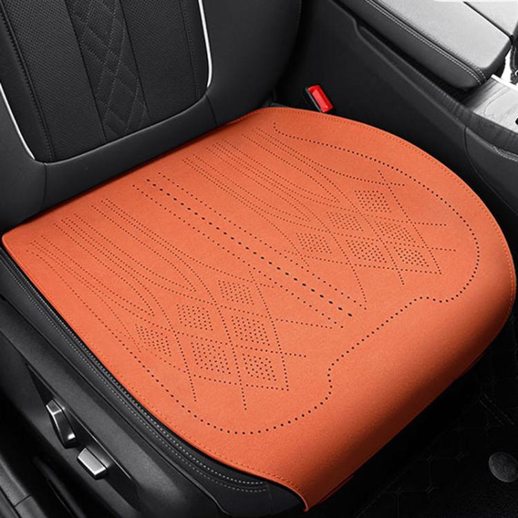 Car seat cushion in orange fabric with laser-perforation pattern and stitched border