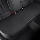 Car seat cushion in dark gray fabric on rear seat, stitched edges and perforated pattern