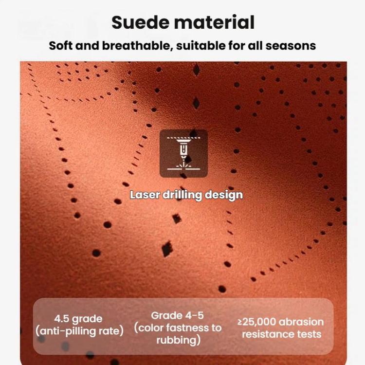 Close-up of orange suede-style seat cushion material with dotted laser perforations