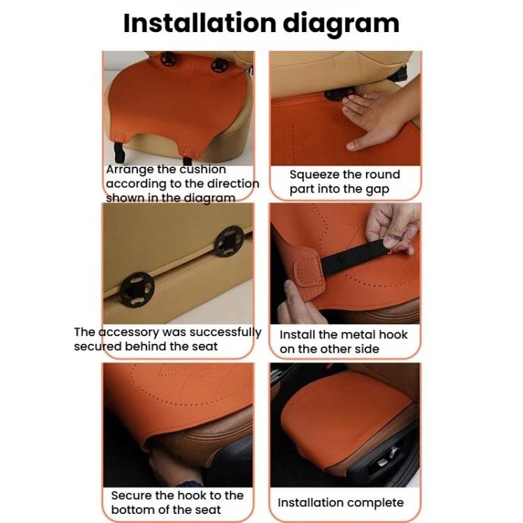 Orange suede seat cushion being installed with black metal hook on the edge